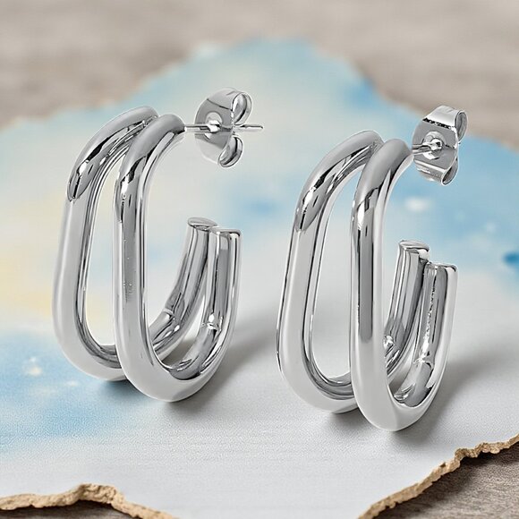 🆕Minimalist Double Hoop Earrings 18K White Gold Plated Stainless Steel - Picture 1 of 12